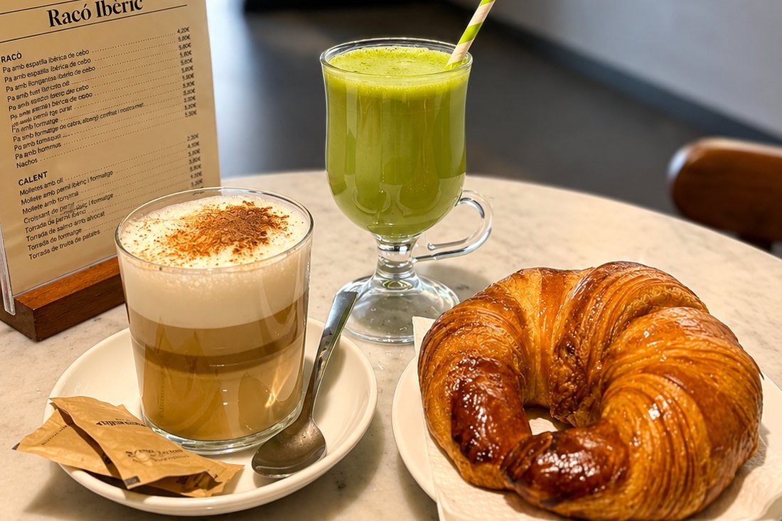 Café y croissant recién hecho en un local Aroma Gourmet